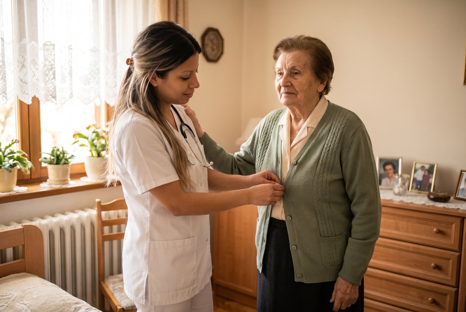 Gondozó segít egy idős hölgynek begombolni a kardigánját